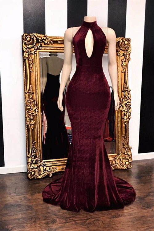 Sexy Halter V-Neck Mermaid Prom Dress Burgundy Long Chiffon