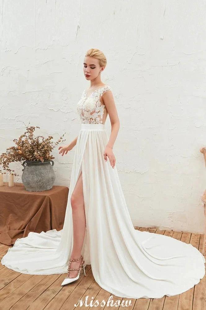 Sexy High Split Cap Sleeve Wedding Dress Sheer Back Ivory Lace Bridal Gown (ZD13978)