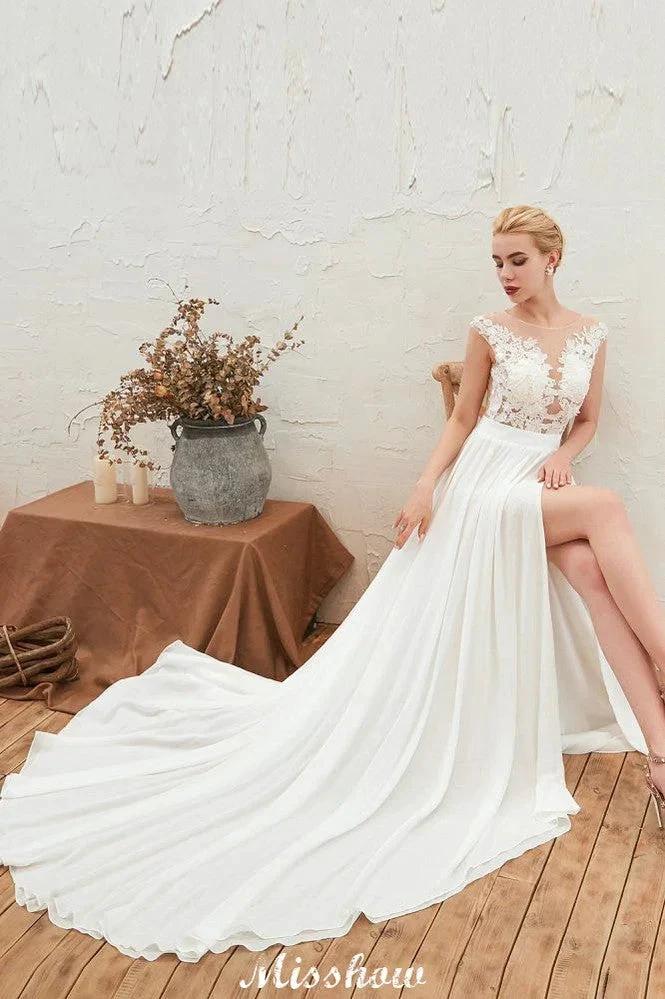 Sexy High Split Cap Sleeve Wedding Dress Sheer Back Ivory Lace Bridal Gown (ZD13978)