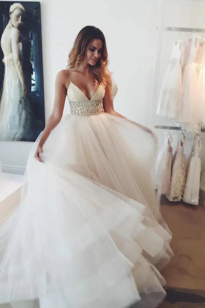 Sexy Ivory Long A-line V-neck Spaghetti Straps Tulle Wedding Dress (ZD15848)