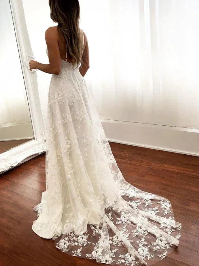 Sexy Long A-Line Spaghetti Strap Lace Backless Wedding Dresseswith Slit (ZD15966)