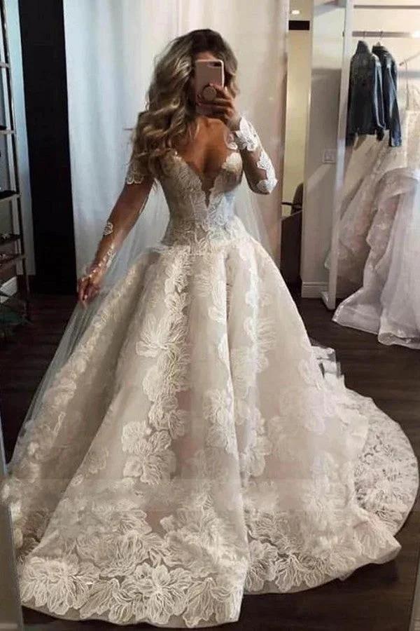 Sexy Long A-Line V-neck Appliques Lace Pearl Wedding Dress with Sleeves (ZD15140)