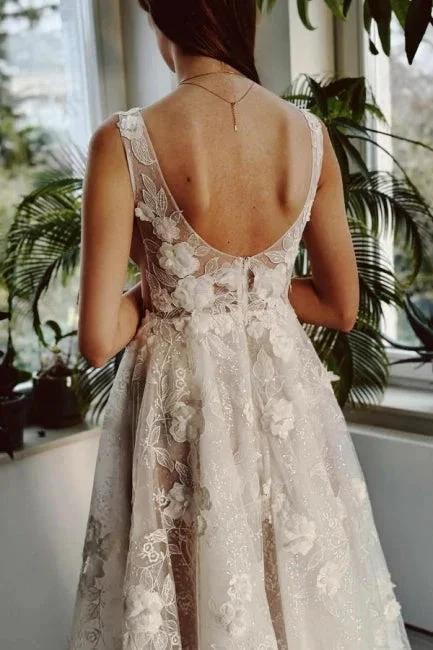 Sexy Long Ivory V-neck A-line Split Front Sleeveless Wedding Dress with Lace (ZD15563)