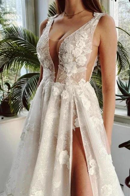 Sexy Long Ivory V-neck A-line Split Front Sleeveless Wedding Dress with Lace (ZD15563)