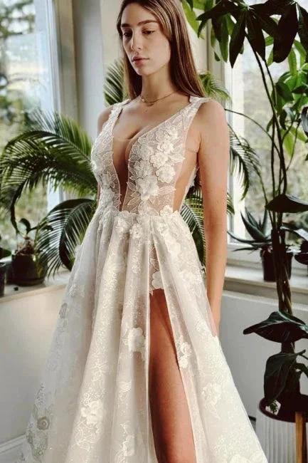 Sexy Long Ivory V-neck A-line Split Front Sleeveless Wedding Dress with Lace (ZD15563)