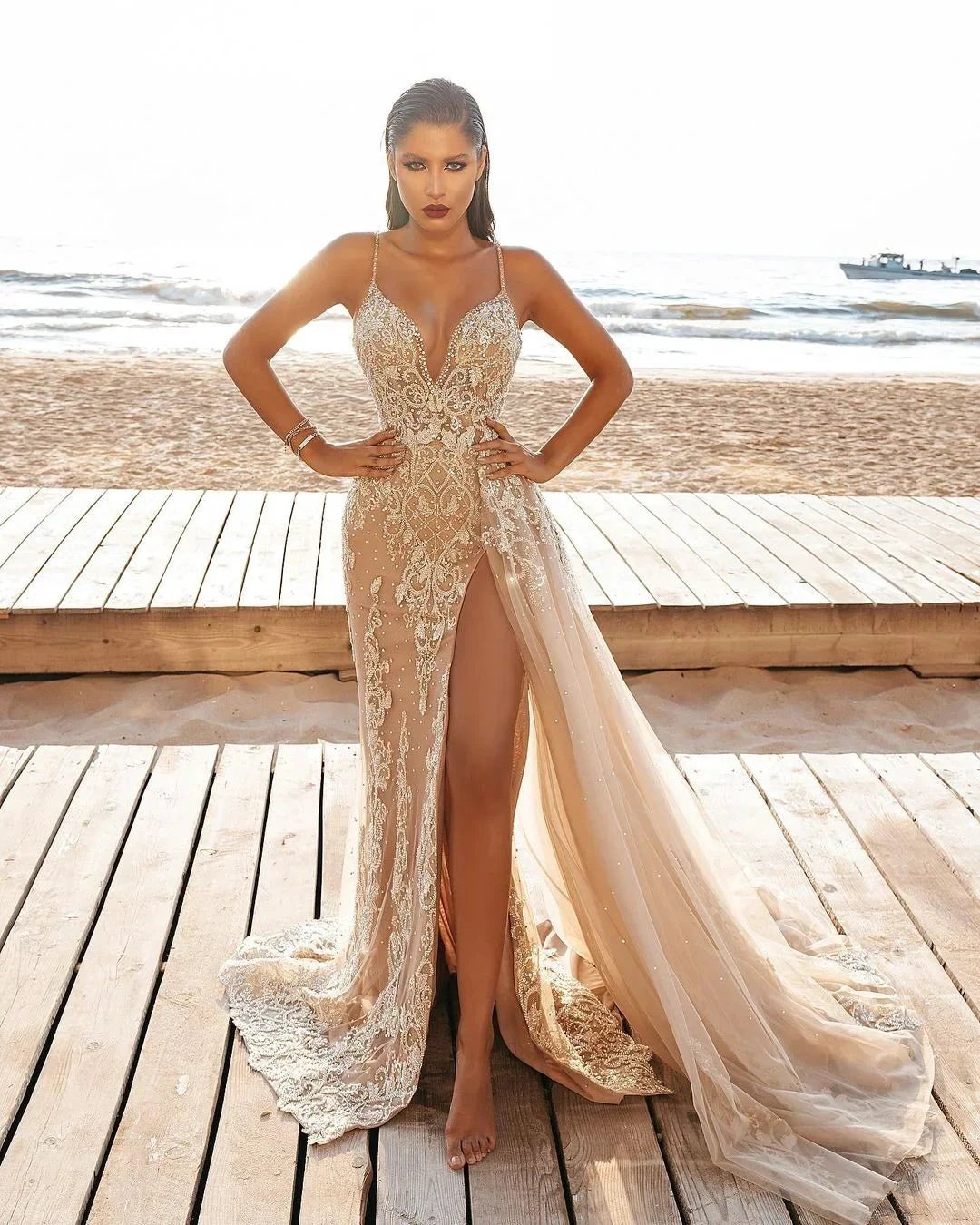 Sexy Long Mermaid Appliques Lace Split Wedding Dress With Side Train (ZD14322)
