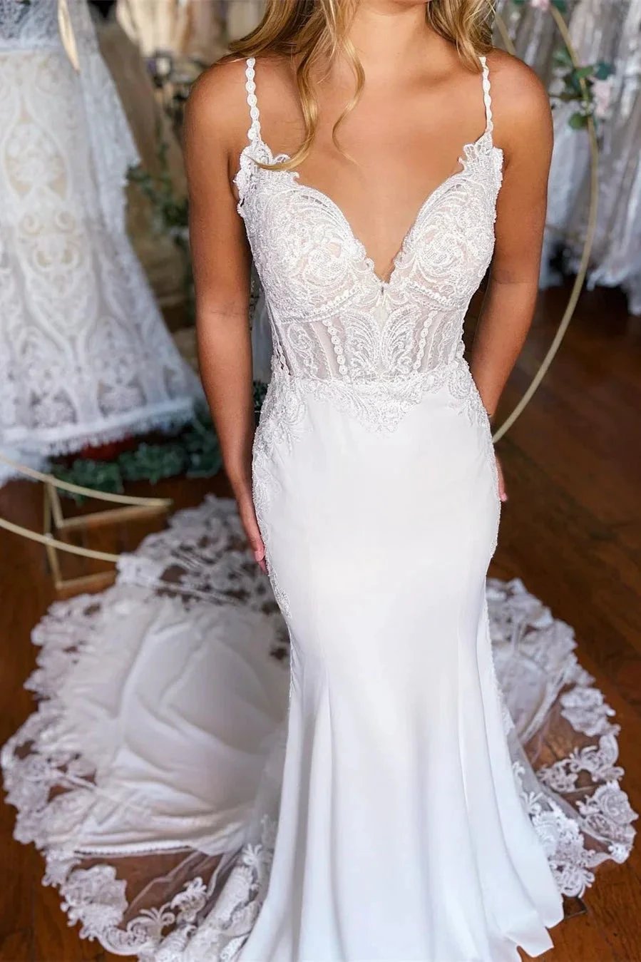 Sexy Long Mermaid Spaghetti Straps Lace Backless Wedding Dress With Train (ZD14586)