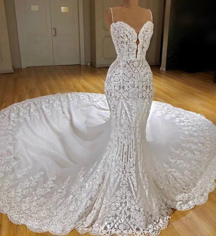 Sexy Long Mermaid V-neck Spaghetti Straps Appliques Lace Wedding Dress (ZD15982)