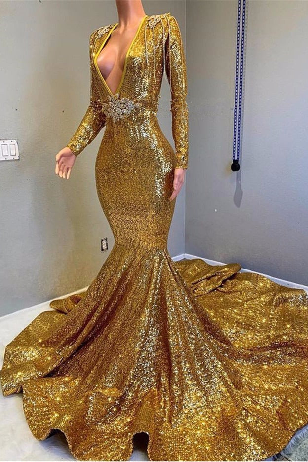 Sexy Long Sleeves Gold Mermaid Prom Dress Sequins V-Neck Backless Long