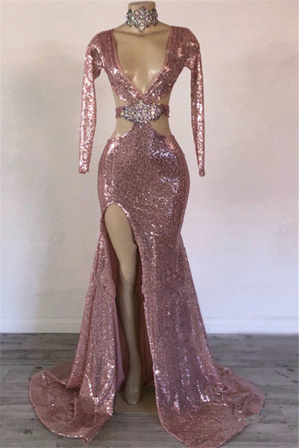 Sexy Long Sleeves Pink Mermaid Prom Dress Sequins V-Neck Long With Split
