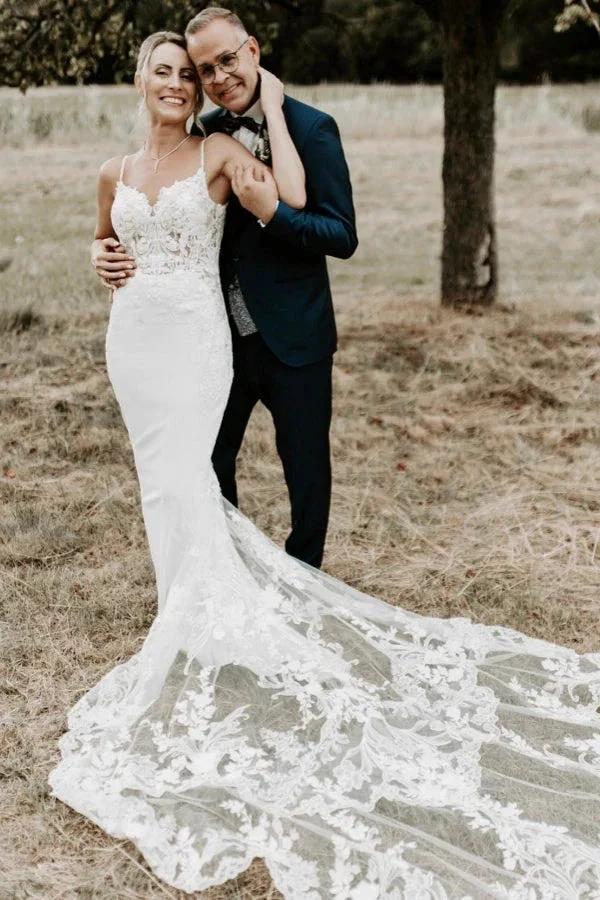 Sexy Long White Spaghetti Straps Mermaid Backless Wedding Dress with Lace (ZD15545) - VelvetHem