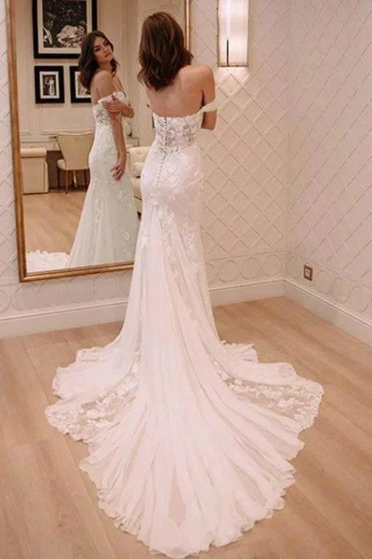 Sexy Off Shoulder Appliqued Beach with Court Train Ivory Elegant Wedding Dresses (ZD16579)