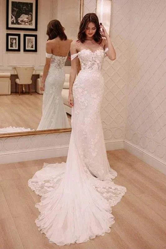 Sexy Off Shoulder Appliqued Beach with Court Train Ivory Elegant Wedding Dresses (ZD16579)