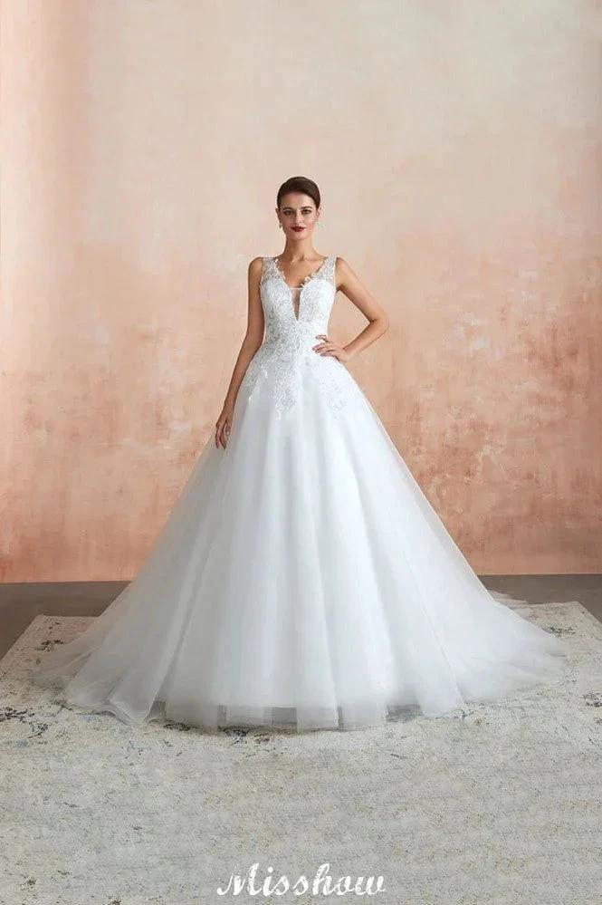 Sexy Pluging V-Neck Wedding Dress Sheer Lace Aline Bridal Gown (ZD13971)