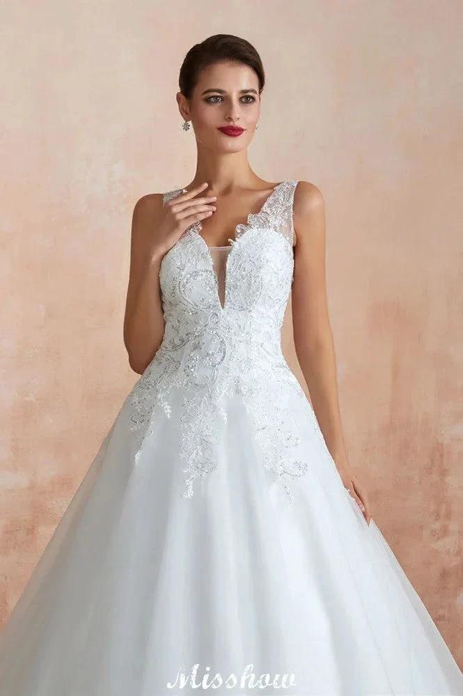 Sexy Pluging V-Neck Wedding Dress Sheer Lace Aline Bridal Gown by misshow.com