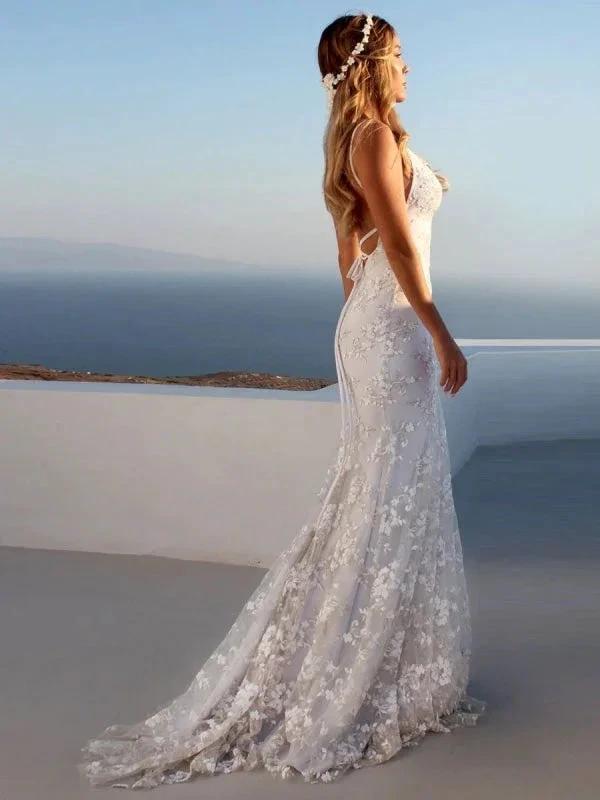 Sexy Pretty Mermaid Elegant Wedding Dresses White V-Neck Backless Lace Bridal Dresses (ZD16395)