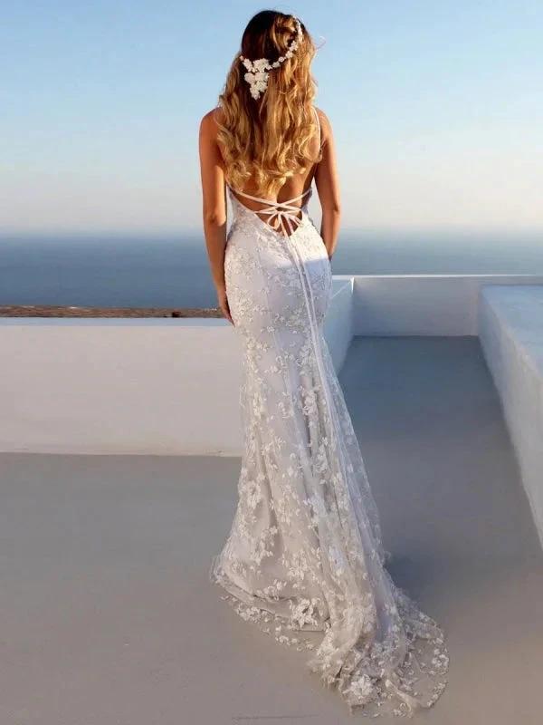 Sexy Pretty Mermaid Elegant Wedding Dresses White V-Neck Backless Lace Bridal Dresses (ZD16395)