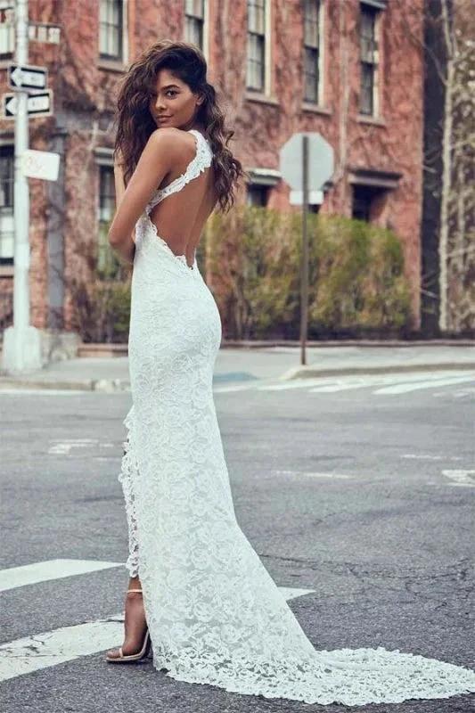 Sexy Pretty Mermaid Jewel Lace Backless With Court Train Beach Elegant Wedding Dresses (ZD16580)