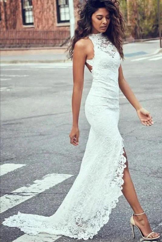 Sexy Pretty Mermaid Jewel Lace Backless With Court Train Beach Elegant Wedding Dresses (ZD16580)
