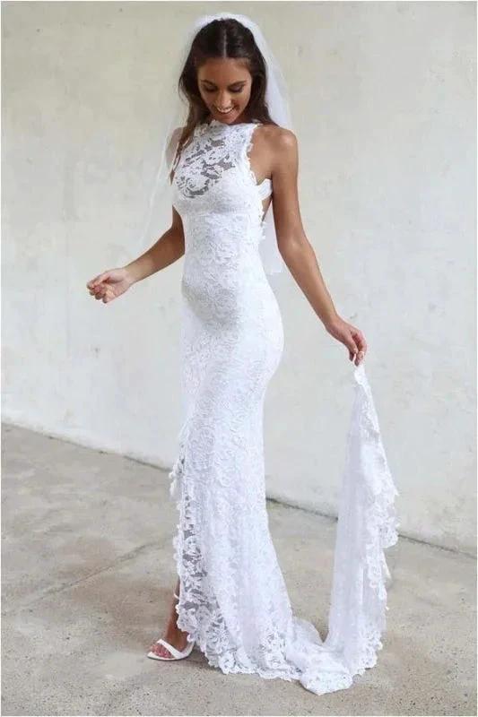Sexy Pretty Mermaid Jewel Lace Backless With Court Train Beach Elegant Wedding Dresses (ZD16580)