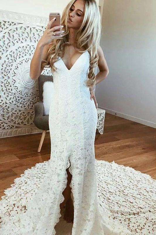 Sexy Pretty Mermaid Spaghetti Straps Backless Beach Lace Elegant Wedding Dresses (ZD14722)