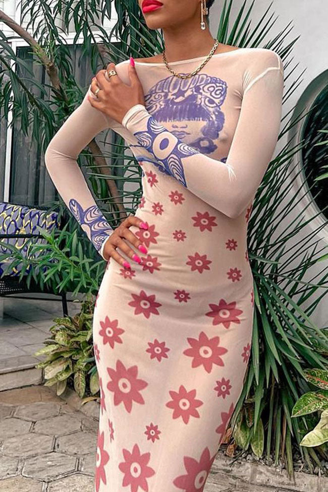 Stylish Printed Crew Neck Long Sleeve Open Back Bodycon Sheer Maxi Dress - Apricot