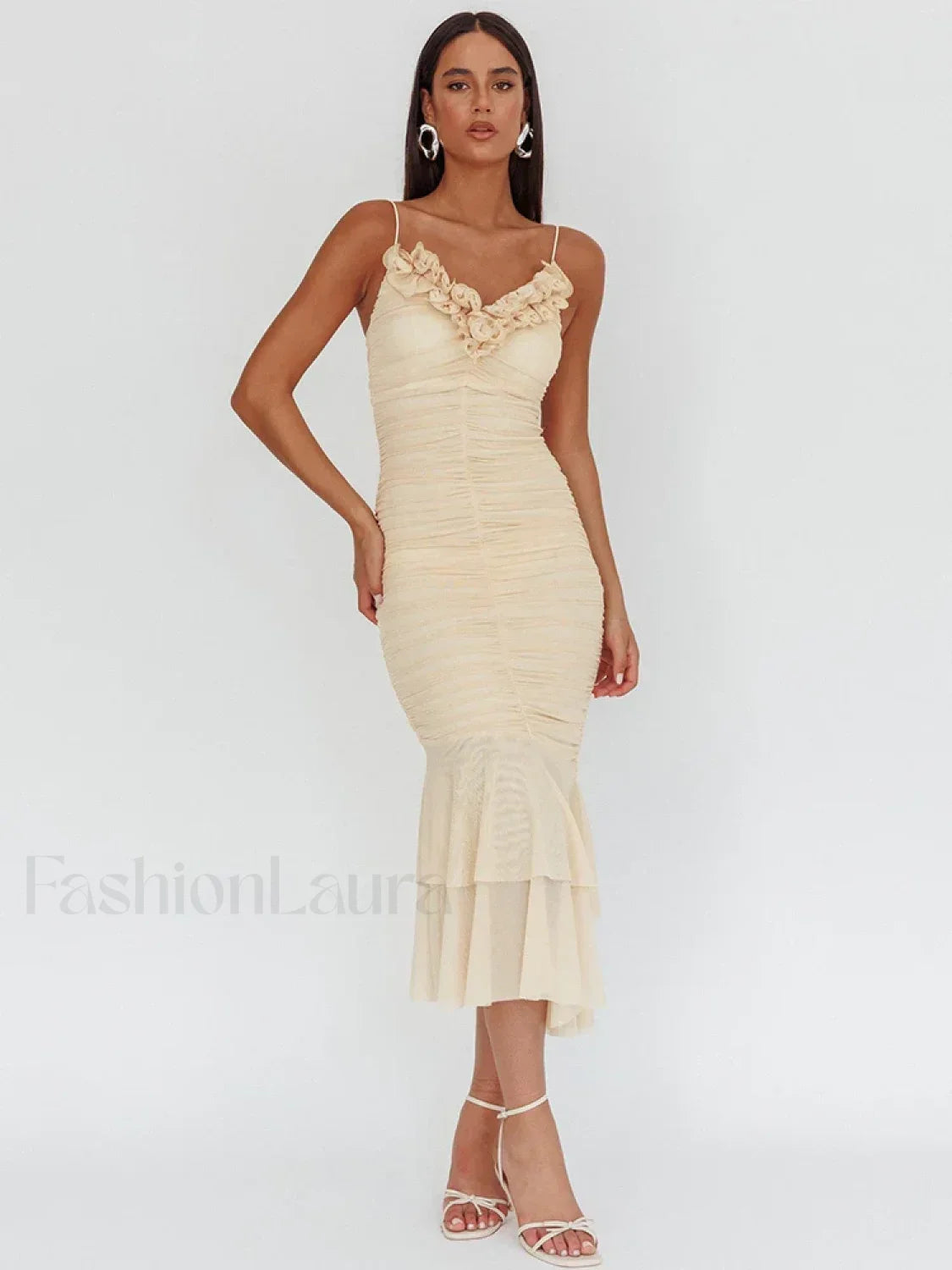 Sexy Rose V Neck Floral Dress APRICOT / S