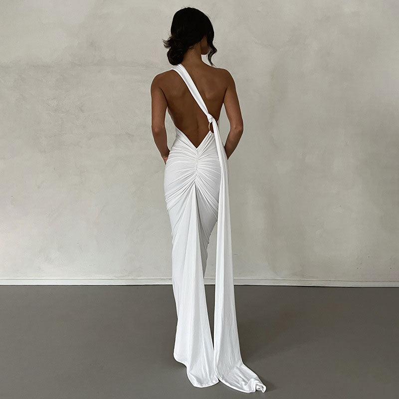 One Shoulder Ruched Backless Evening Maxi Dress - Black