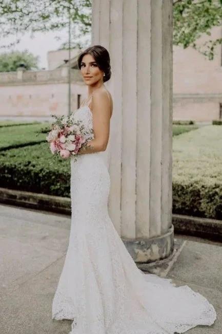 Sexy Spaghetti Strap Sleeveless Mermaid Lace Wedding Dresses with Chapel Train (ZD14676)