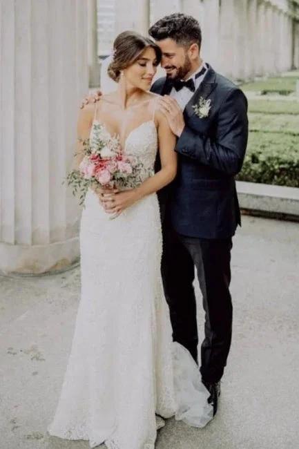 Sexy Spaghetti Strap Sleeveless Mermaid Lace Wedding Dresses with Chapel Train (ZD14676)
