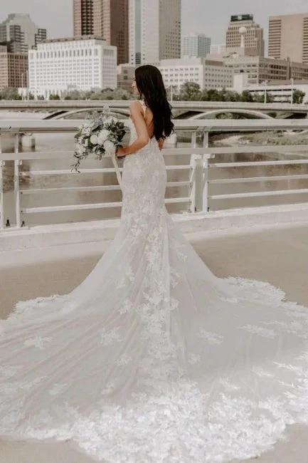 Sexy Spaghetti Strap Sleeveless Mermaid Lace Wedding Dresses with Court Train (ZD14673) - View 2 | VelvetHem