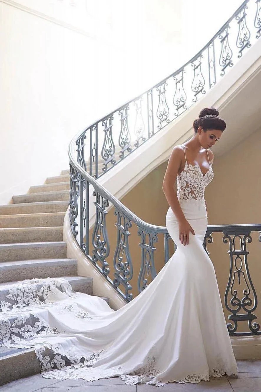 Sexy Spaghetti Strap Wedding Dress | Mermaid Chiffon Lace Bridal Gown (ZD16410)