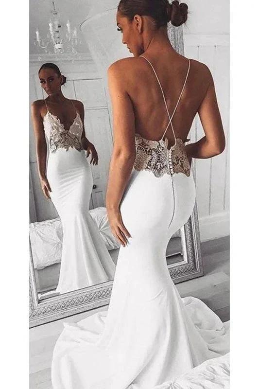 Sexy Spaghetti Straps Pretty Mermaid Long Beach Elegant Wedding Dresses with Lace (ZD16574)
