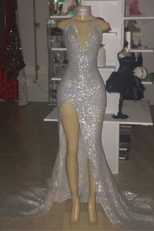 Sexy Spaghetti Straps Silvery Mermaid Prom Dress Sequins Chiffon Long With Split