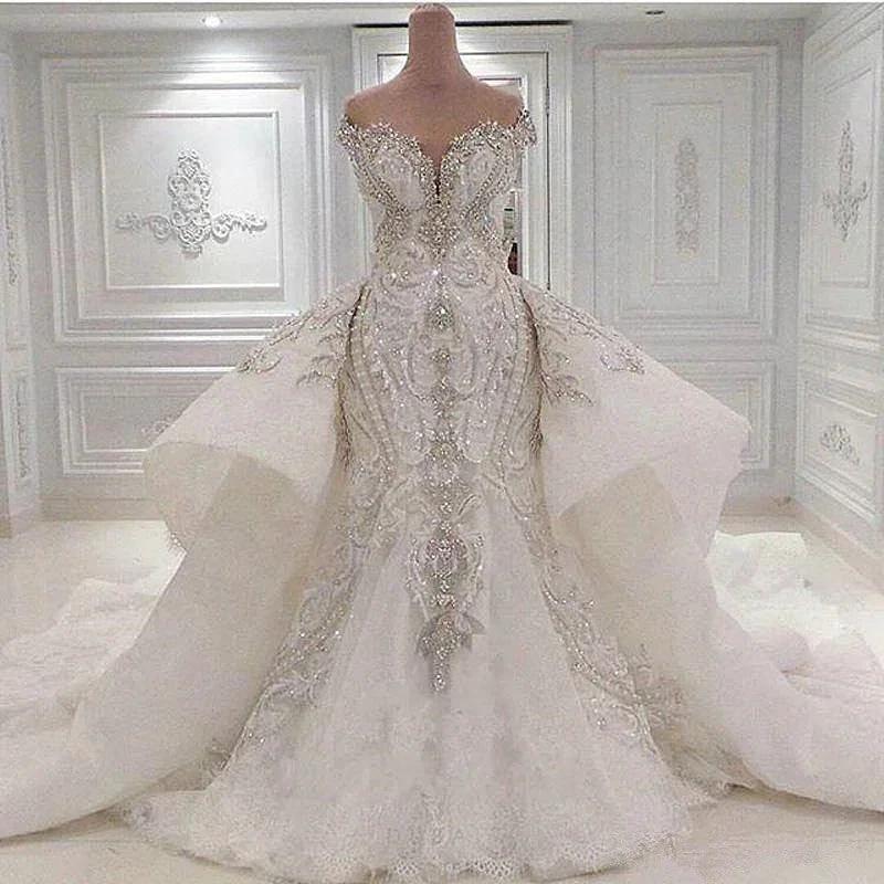 Sexy Strapless Crystals Mermaid Wedding Dresses with Overskirt Long Train (ZD14696)