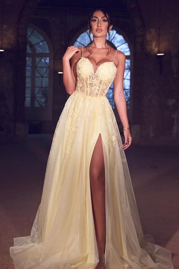 Sexy Tulle Spaghetti Straps Yellow Prom Dress Lace Long With Split
