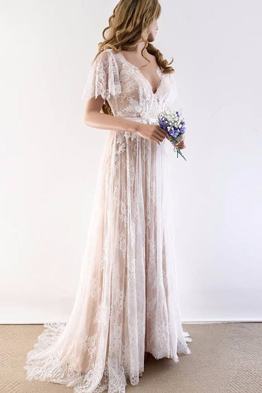 Sexy Tulle V-Neck Short Sleeves Wedding Dress Lace Long