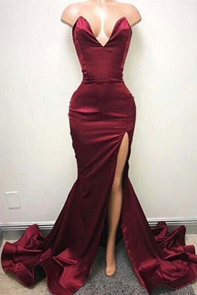 Sexy V-Neck Chiffon Mermaid Prom Dress Long With Split Burgundy