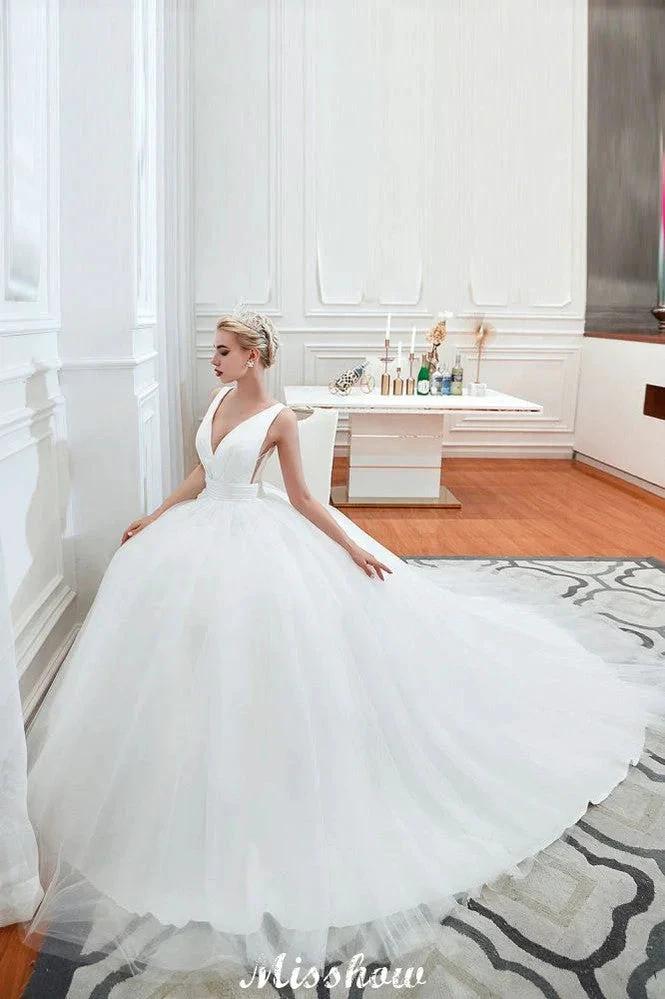 Sexy V-Neck Sleeveless Princess Spring Wedding Dress | White Low Back Bridal Gowns with Belt (ZD13982)