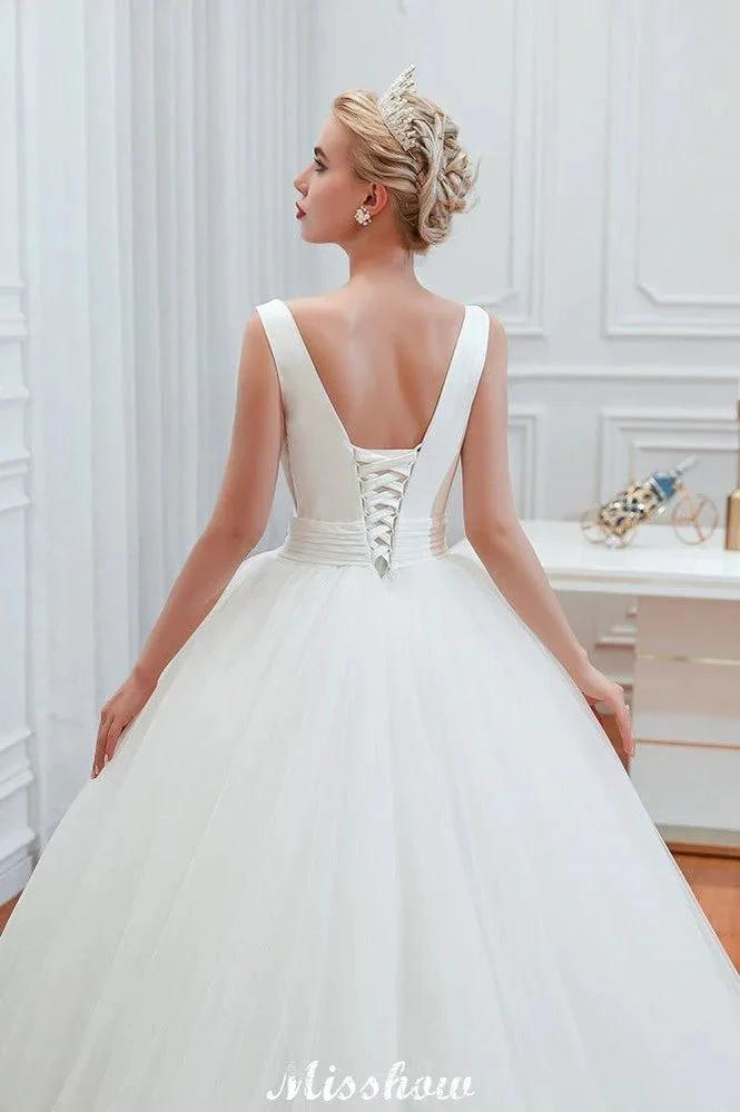 Sexy V-Neck Sleeveless Princess Spring Wedding Dress | White Low Back Bridal Gowns with Belt (ZD13982)