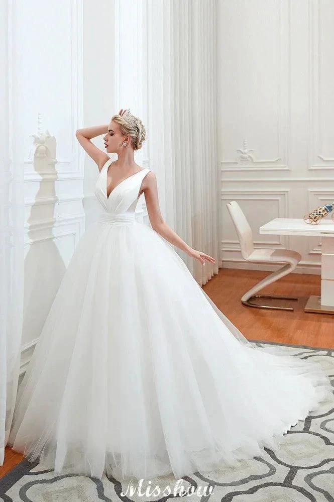 Sexy V-Neck Sleeveless Princess Spring Wedding Dress | White Low Back Bridal Gowns with Belt by misshow.com