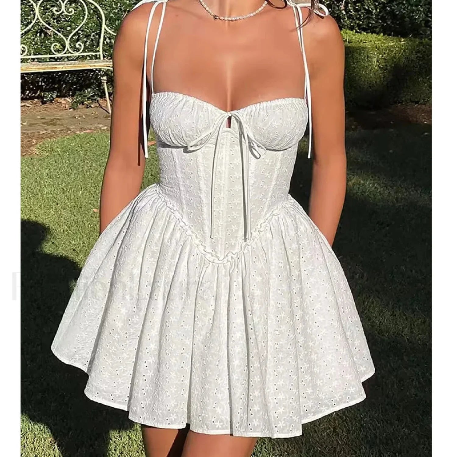 Sexy Yellow Hollow Out Embroidery Mini Dress Sling Floral Dress