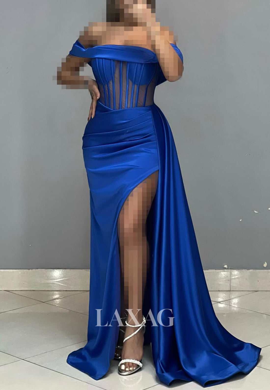 Tube Top Off-Shoulder Sleeveless Mermaid Prom Dress Pleated Satin Party Gowns with Tulle Gloves