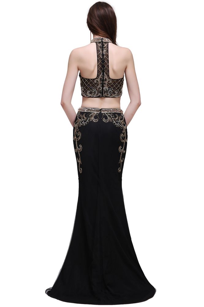 Sheath Crystal Halter Black Two Pieces Prom Dresses - View 3 | VelvetHem