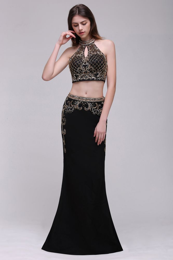 Sheath Crystal Halter Black Two Pieces Prom Dresses - View 4 | VelvetHem