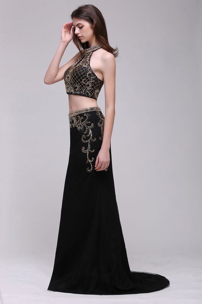 Sheath Crystal Halter Black Two Pieces Prom Dresses - View 5 | VelvetHem