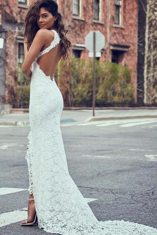 Sheath High Neck Sweep Train Open Back Lace Wedding Dress with Split (ZD15342)
