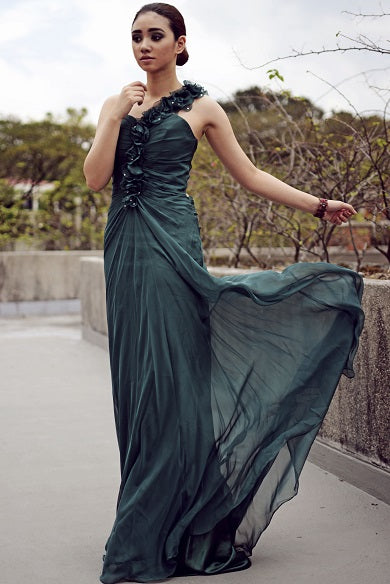Sheath One-Shoulder Floor-Length Chiffon Backless Handmade Flower Evening Dress