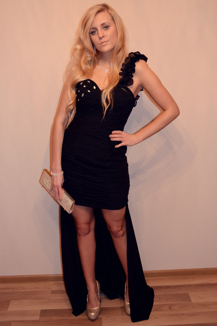 Sheath One-Shoulder Hi-low Length Chiffon Rhinestone Prom Dress