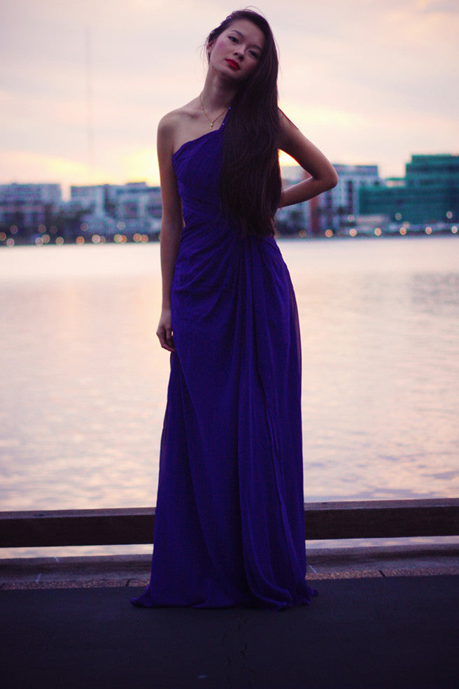 Sheath One-Shoulder Sleeveless Floor-Length Beaded Chiffon Evening Dress